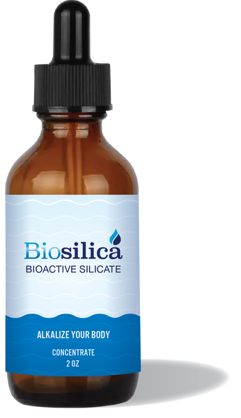 Amber glass dropper bottle of Biosilica Bioactive Silicate concentrate, 2 oz, with blue label 'Alkalize Your Body'.
